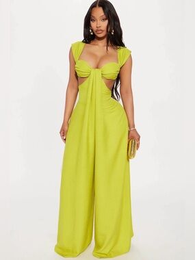 Fashion Nova Demi Cut Out Gauze Jumpsuit in Chartreuse